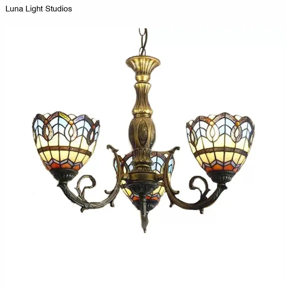 Tiffany Style 3-Light Chandelier With Art Glass Bell Shades In Aged Brass For Living Rooms