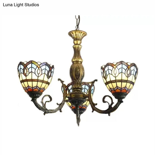Tiffany Style 3-Light Chandelier With Art Glass Bell Shades In Aged Brass For Living Rooms
