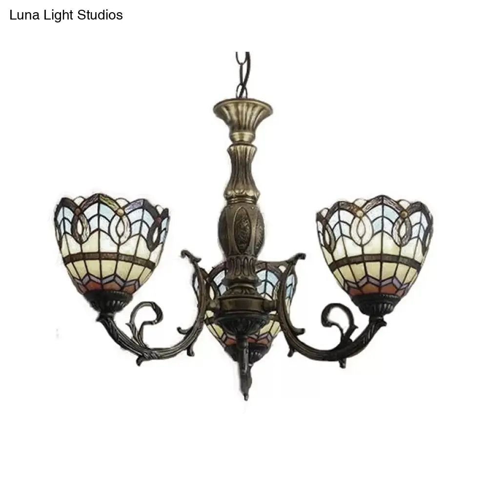 Tiffany Style Chandelier Living Room Lamp - 3-Light Art Glass Pendant Lighting In Aged Brass With