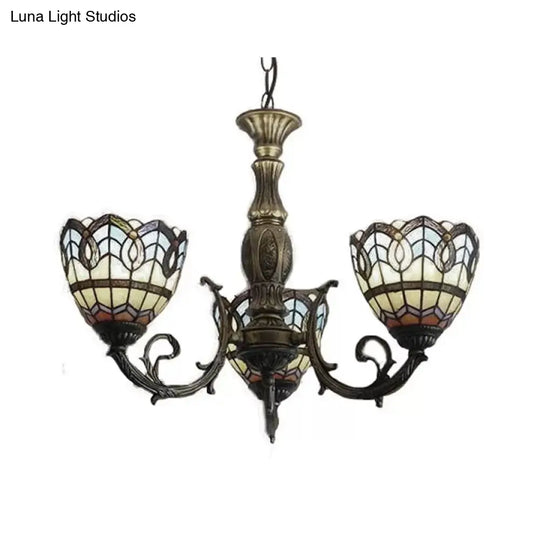Tiffany Style Chandelier Living Room Lamp - 3-Light Art Glass Pendant Lighting In Aged Brass With