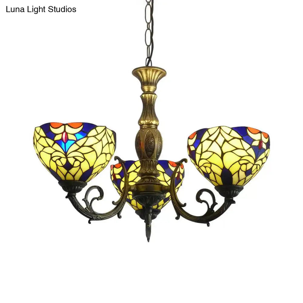 Tiffany Style Chandelier Living Room Lamp - 3-Light Art Glass Pendant Lighting In Aged Brass With