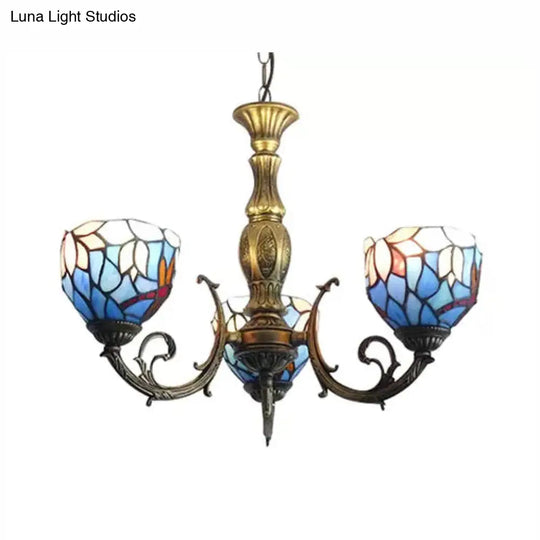 Tiffany Style 3-Light Chandelier With Art Glass Bell Shades In Aged Brass For Living Rooms