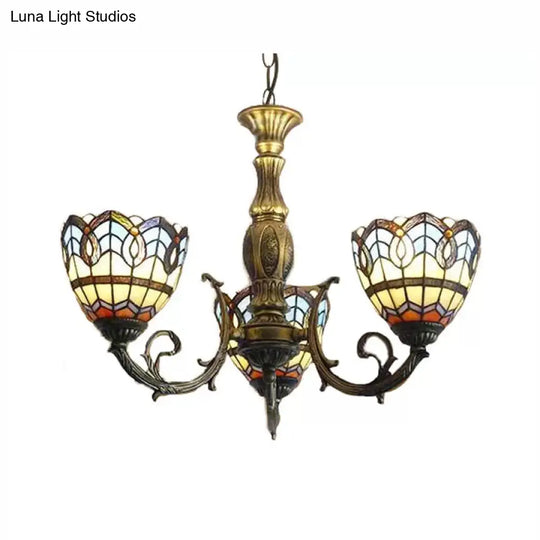 Tiffany Style Chandelier Living Room Lamp - 3-Light Art Glass Pendant Lighting In Aged Brass With
