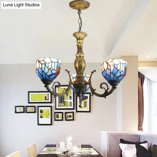 Tiffany Style Chandelier Living Room Lamp - 3-Light Art Glass Pendant Lighting In Aged Brass With
