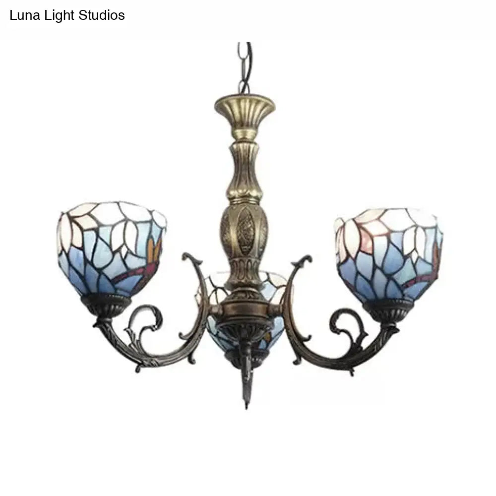 Tiffany Style 3-Light Chandelier With Art Glass Bell Shades In Aged Brass For Living Rooms