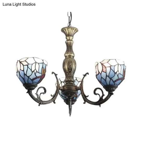 Tiffany Style 3-Light Chandelier With Art Glass Bell Shades In Aged Brass For Living Rooms