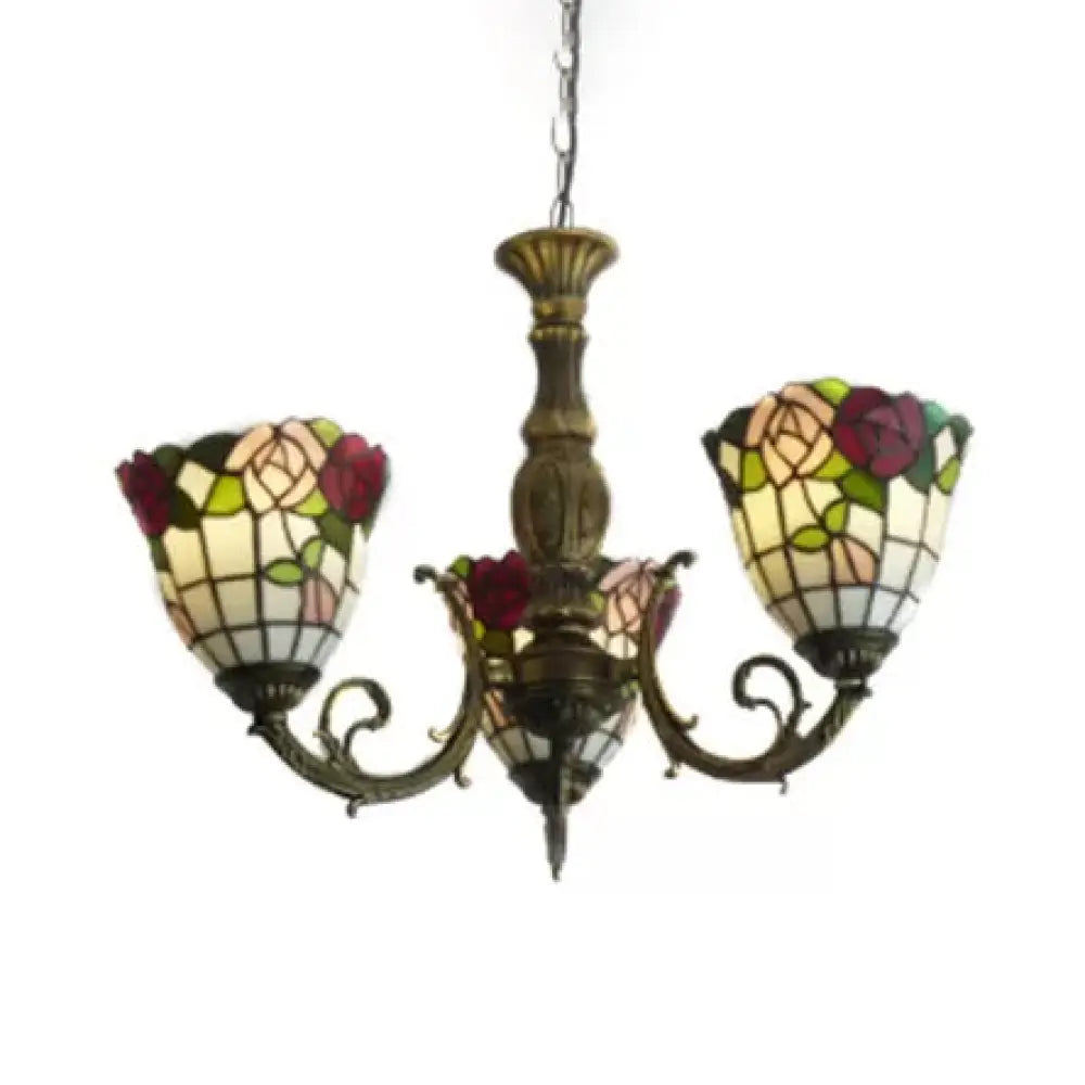Tiffany Style 3-Light Chandelier With Art Glass Bell Shades In Aged Brass For Living Rooms Red