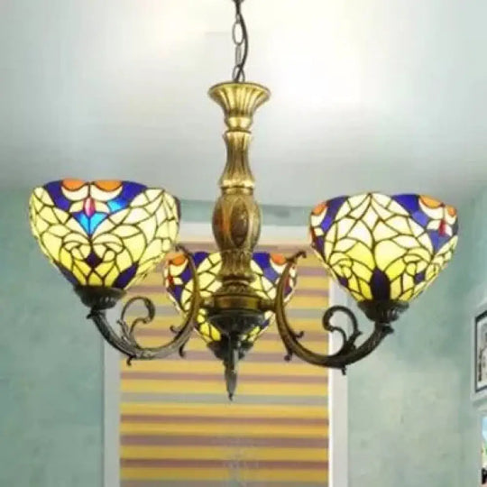 Tiffany Style 3-Light Chandelier With Art Glass Bell Shades In Aged Brass For Living Rooms Yellow