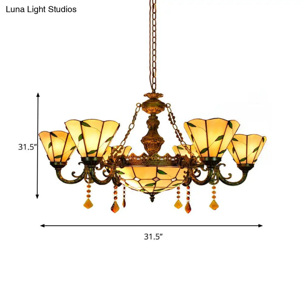 Tiffany Style Agate Leaf Chandelier In Antique Art Glass - 7/9/13 Lights Beige Ideal For Hotels