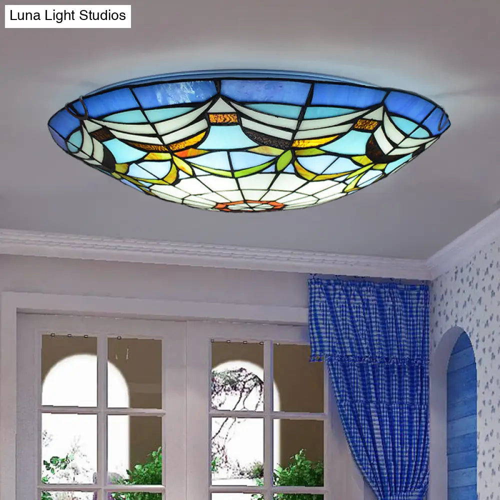 Tiffany Style Art Glass Dome Flush Ceiling Light For Bedroom