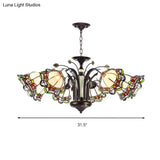 Tiffany Style Art Glass Pendant Chandelier With Floral Design & Bronze Finish For Bedroom - 3/6/8
