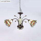 Tiffany Style Art Glass Pendant Chandelier With Floral Design & Bronze Finish For Bedroom - 3/6/8