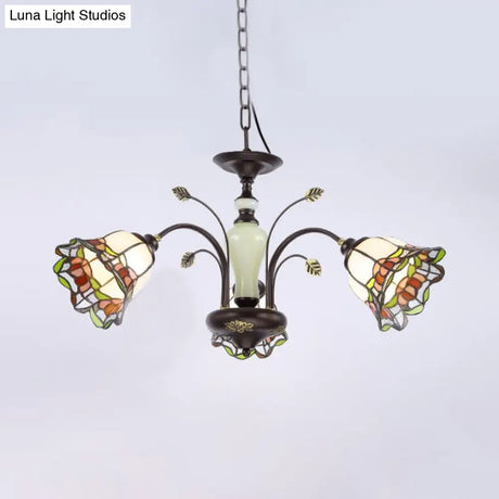 Tiffany Style Art Glass Pendant Chandelier With Floral Design & Bronze Finish For Bedroom - 3/6/8