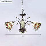 Tiffany Style Art Glass Pendant Chandelier With Floral Design & Bronze Finish For Bedroom - 3/6/8