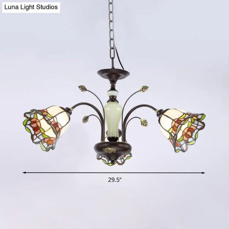 Tiffany Style Art Glass Pendant Chandelier With Floral Design & Bronze Finish For Bedroom - 3/6/8