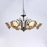 Tiffany Style Art Glass Pendant Chandelier With Floral Design & Bronze Finish For Bedroom - 3/6/8