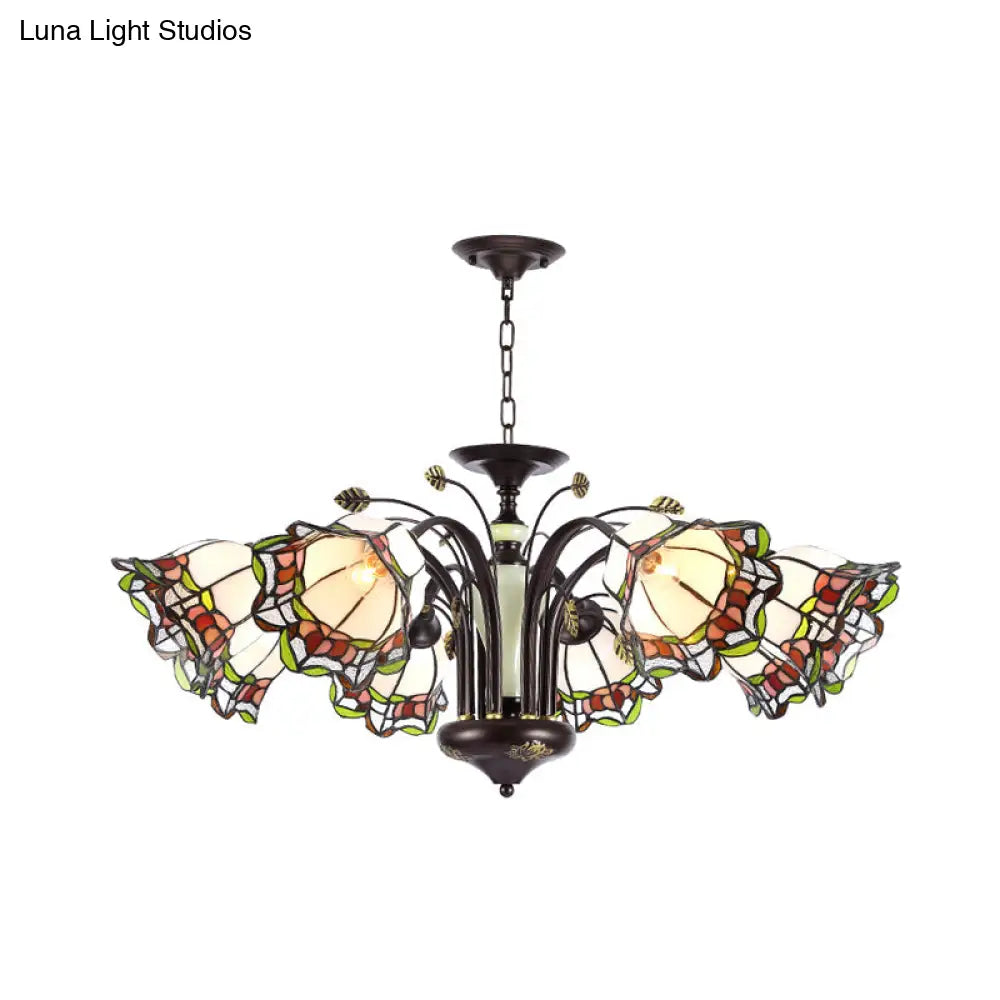Tiffany Style Art Glass Pendant Chandelier With Floral Design & Bronze Finish For Bedroom - 3/6/8