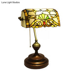 Tiffany Style Bankers Table Lamp - 1 Light Stainless Glass Brown Finish Pull Chain
