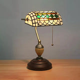 Tiffany Style Bankers Table Lamp - 1 Light Stainless Glass Brown Finish Pull Chain / Geometric