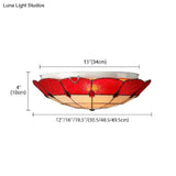 Tiffany Style Bedroom Ceiling Light 12’/16’/19.5’ W Dome Shade Flush Mount With Red Jewel Decoration