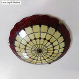 Tiffany Style Bedroom Ceiling Light 12’/16’/19.5’ W Dome Shade Flush Mount With Red Jewel Decoration