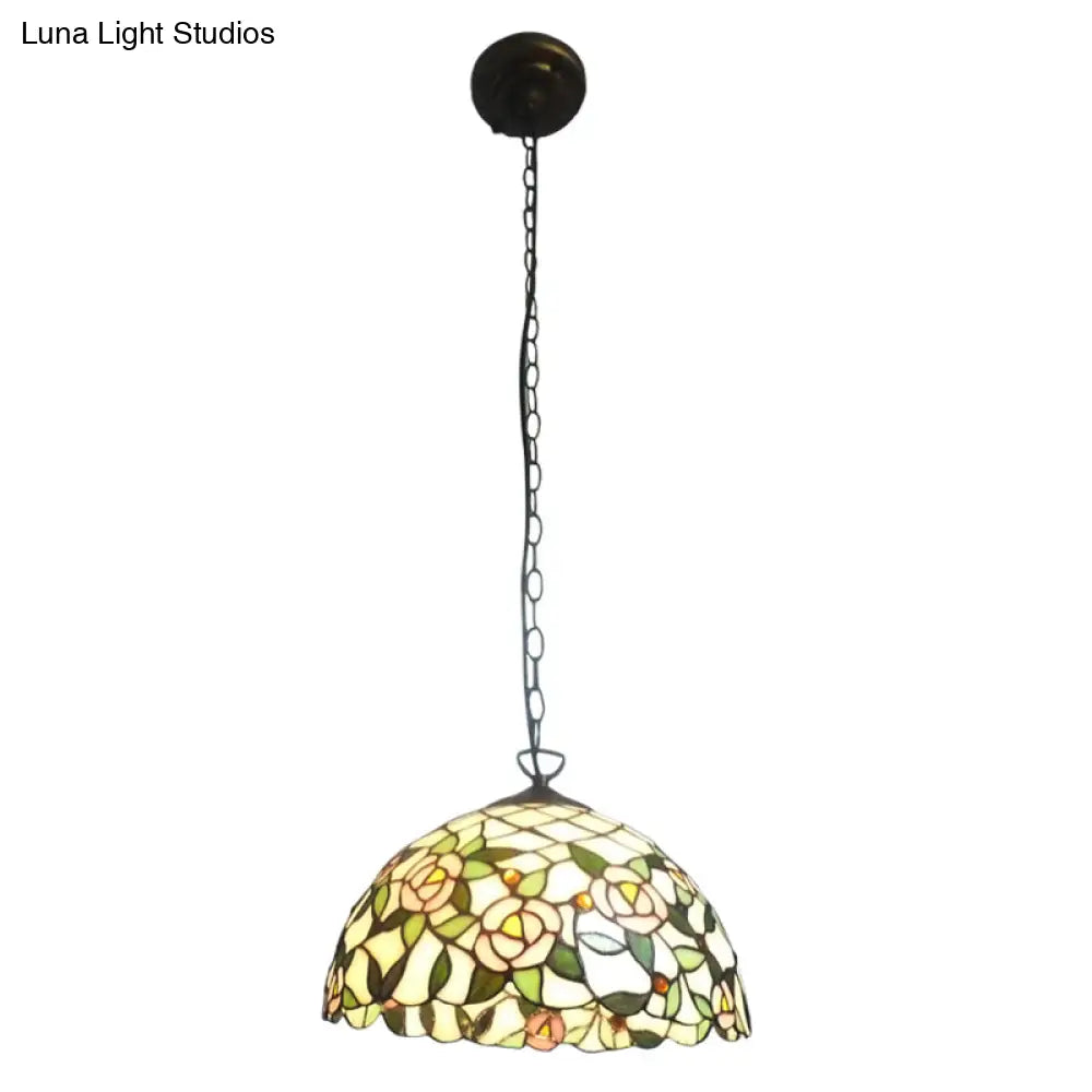 Tiffany-Style Beige Ceiling Pendant Light With Stained Glass Shade - 1 Bulb Bedroom Hanging Lamp