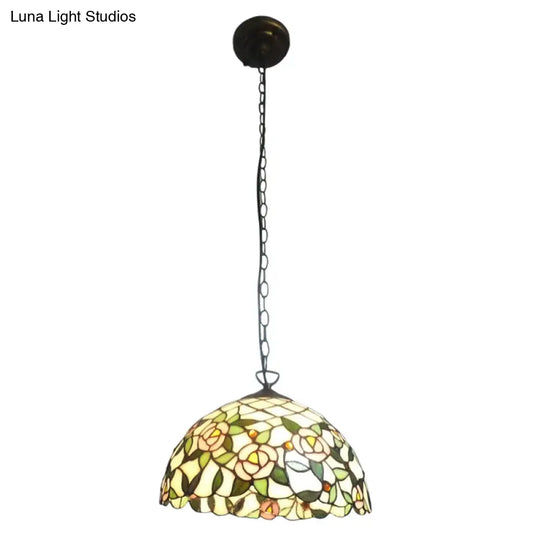 Tiffany-Style Beige Ceiling Pendant Light With Stained Glass Shade - 1 Bulb Bedroom Hanging Lamp