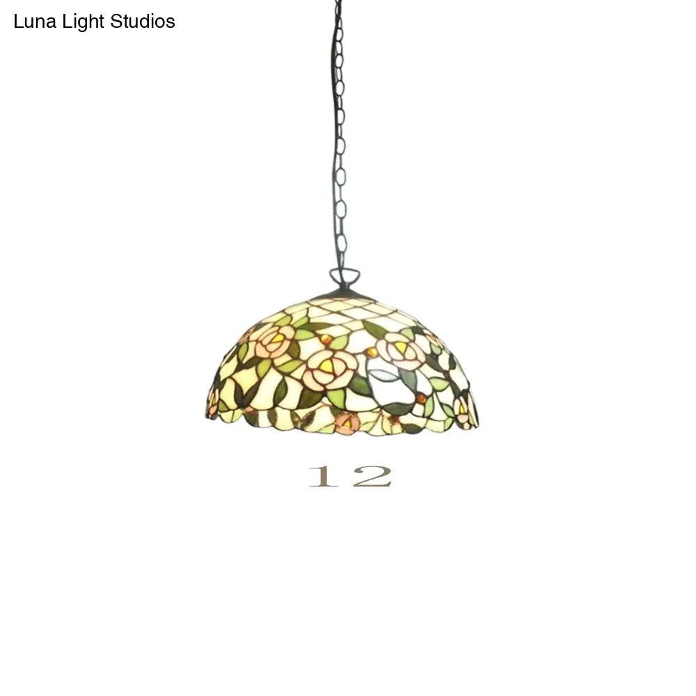 Tiffany-Style Beige Ceiling Pendant Light With Stained Glass Shade - 1 Bulb Bedroom Hanging Lamp