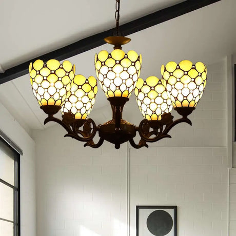 Tiffany Style Beige Glass Chandelier 5-Light Fixture With Black Suspension