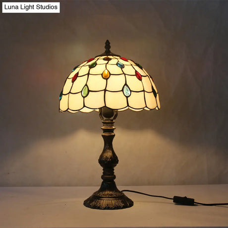 Tiffany Style Beige Glass Jewelry Night Table Lamp With Black Nightstand Base