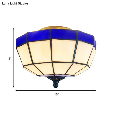 Tiffany Style Blue And White Stained Glass Flush Light For Foyer - Bowl Ceiling 1-Light