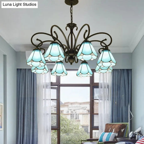 Tiffany Style Blue Glass Chandelier With Black Frame And Multiple Lights
