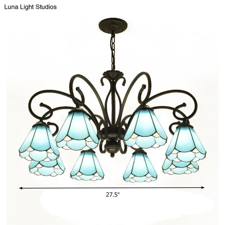 Tiffany Style Blue Glass Chandelier With Black Frame And Multiple Lights