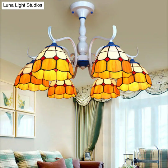 Tiffany Style Blue/Orange Glass Dome Semi Flush Light With 6 Heads In White Finish Orange
