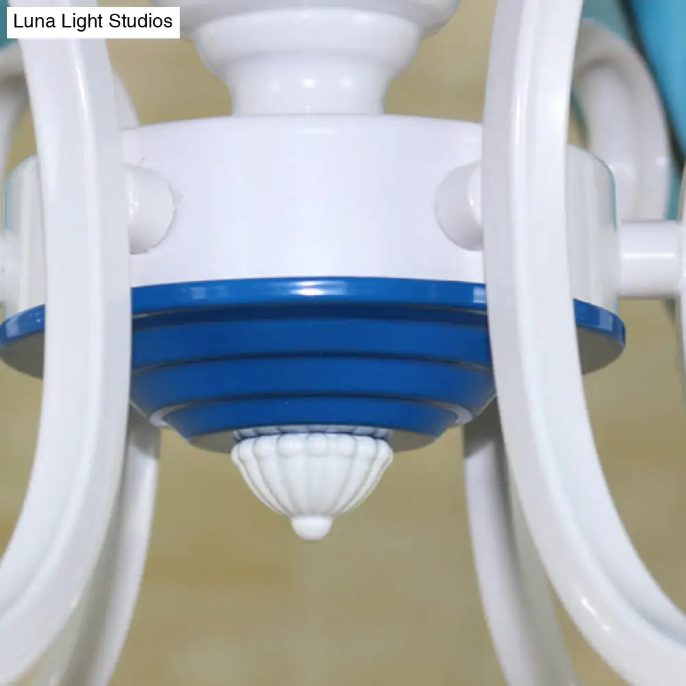 Tiffany Style Blue/Orange Glass Dome Semi Flush Light With 6 Heads In White Finish