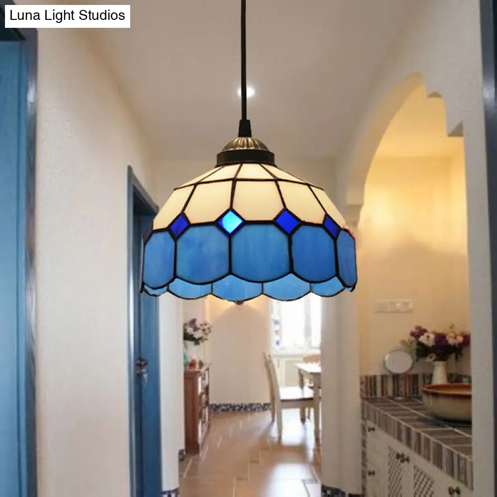 Tiffany Style Blue Glass Pendant Light With Scalloped Suspension And Grid Design