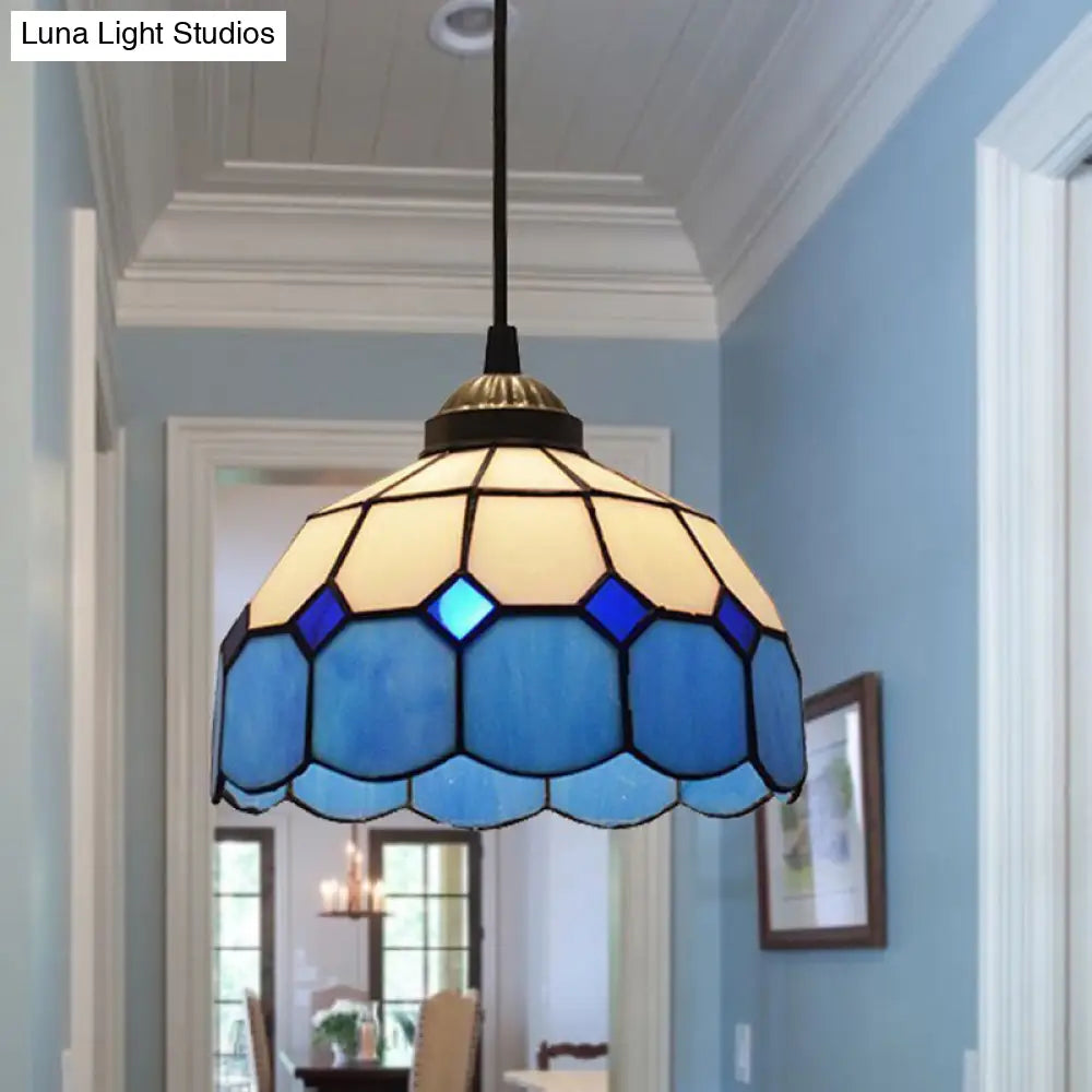 Tiffany Style Blue Glass Pendant Light With Scalloped Suspension And Grid Design