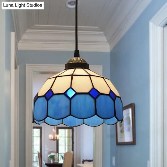 Tiffany Style Blue Glass Pendant Light With Scalloped Suspension And Grid Design