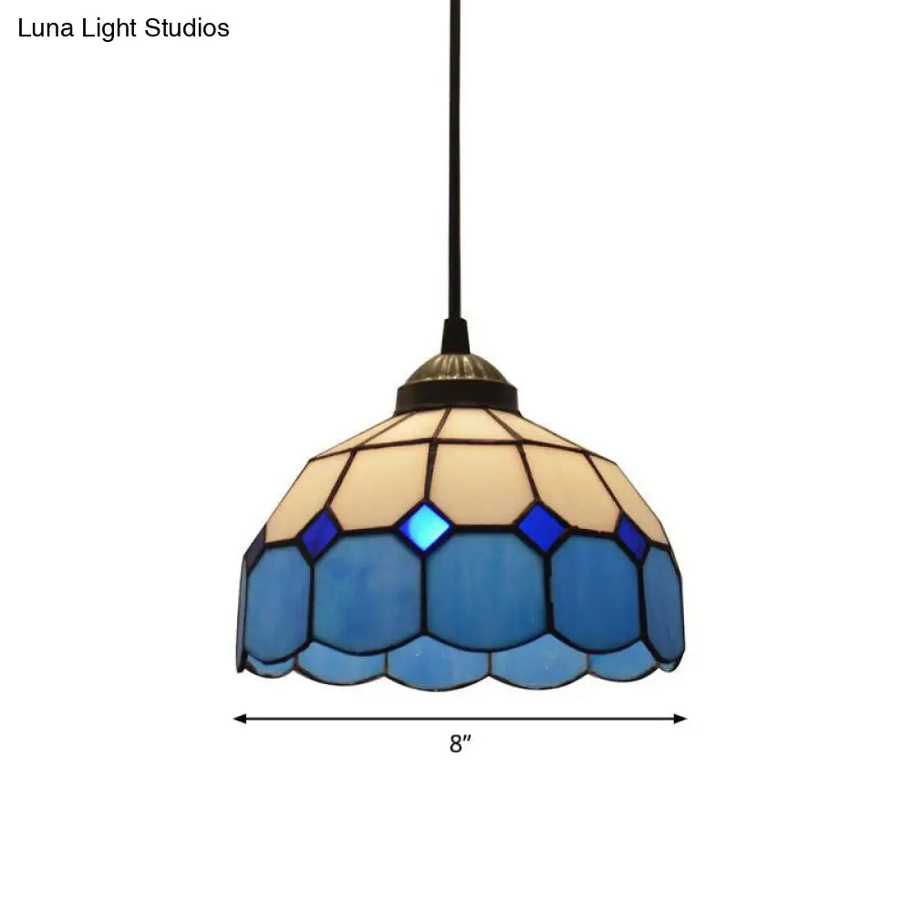 Tiffany Style Blue Glass Pendant Light With Scalloped Suspension And Grid Design