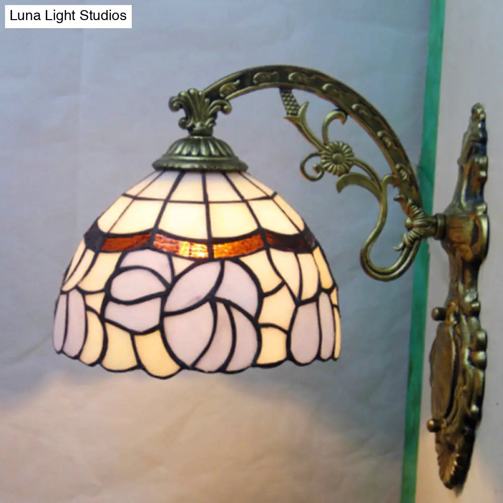 Tiffany Style Blue Stained Glass Wall Sconce With Arched Arm And Bowl Light
