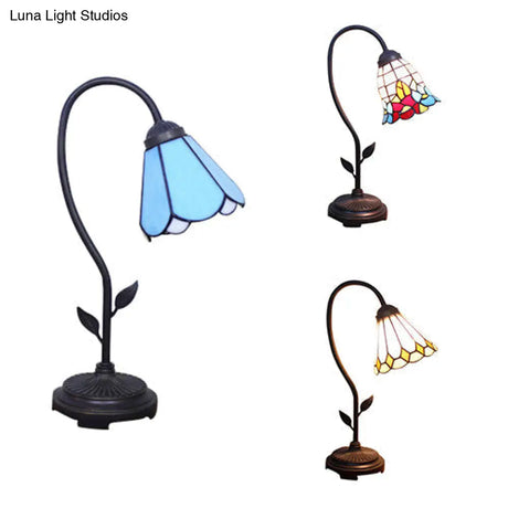 Tiffany Style Cone/Bell Shade Table Lamp - Blue/Red/Yellow 1-Light Stainless Glass Lighting With