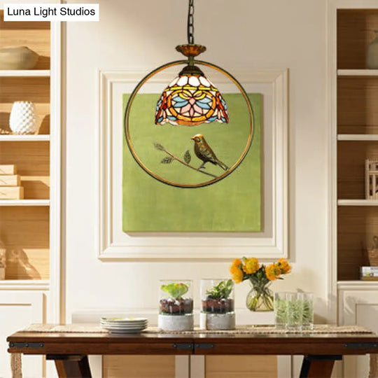 Tiffany Style Dome Pendant Lamp With Bird Accent In Beige
