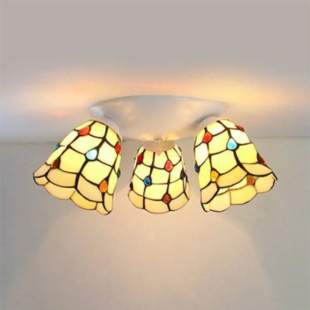 Tiffany Style Domed Ceiling Fixture Stained Glass 3 Lights In Beige - 6’/8’ Wide / 6’