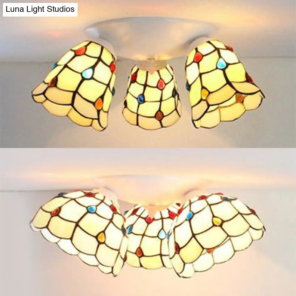 Tiffany Style Domed Ceiling Fixture Stained Glass 3 Lights In Beige - 6’/8’ Wide