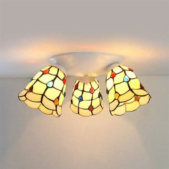 Tiffany Style Domed Ceiling Fixture Stained Glass 3 Lights In Beige - 6’/8’ Wide / 6’