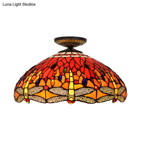 Tiffany-Style Dragonfly Cut Glass Ceiling Lamp - Brass Flush Mount Light Fixture 16’/18’ Width