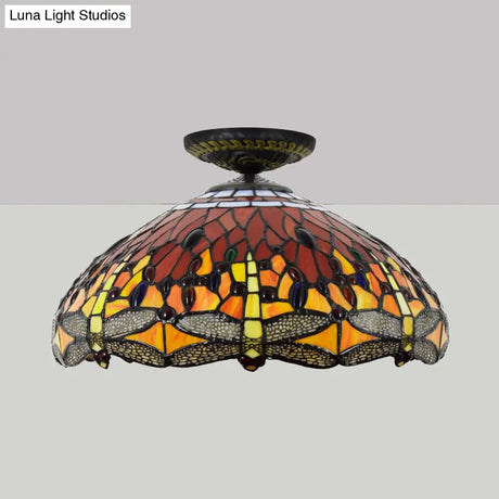 Tiffany-Style Dragonfly Cut Glass Ceiling Lamp - Brass Flush Mount Light Fixture 16’/18’ Width