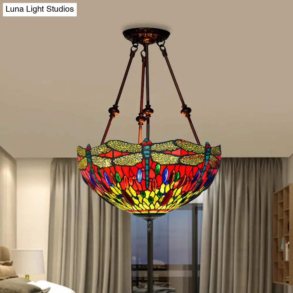 Tiffany Style Dragonfly Semi-Flush Ceiling Light With 2 Red/Orange Cut Glass Lights And Bronze