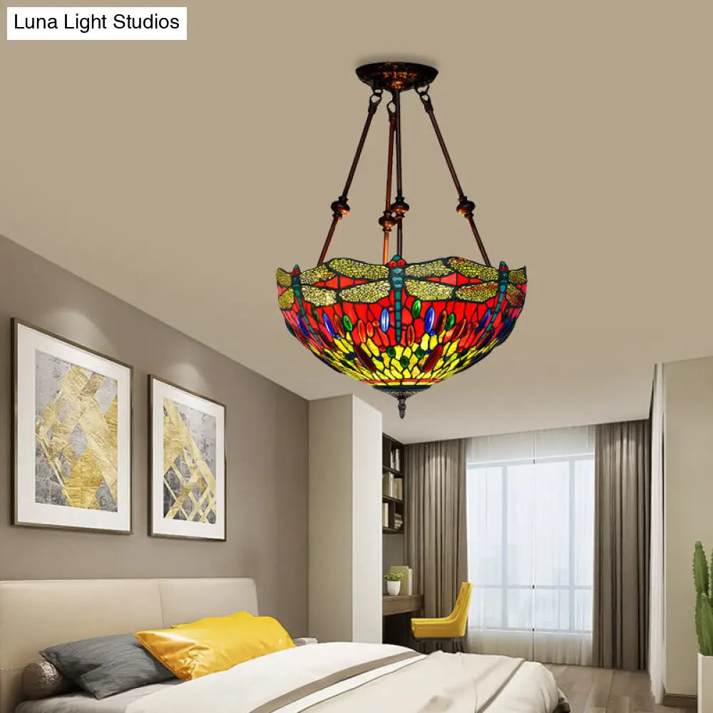 Tiffany Style Dragonfly Semi-Flush Ceiling Light With 2 Red/Orange Cut Glass Lights And Bronze