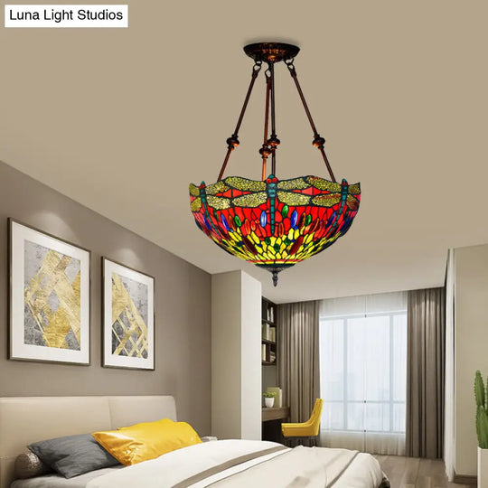 Tiffany Style Dragonfly Semi-Flush Ceiling Light With 2 Red/Orange Cut Glass Lights And Bronze